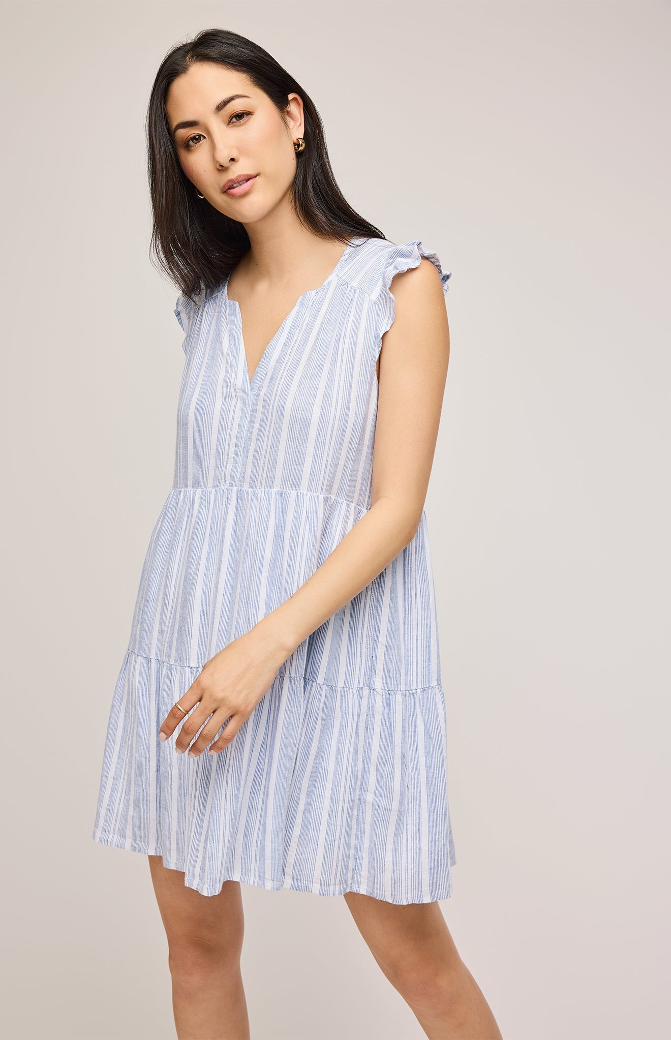 Maggie Linen Mini Dress|color:Blue Stripe