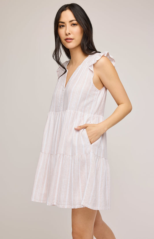 Maggie Linen Mini Dress|color:Tan Stripe
