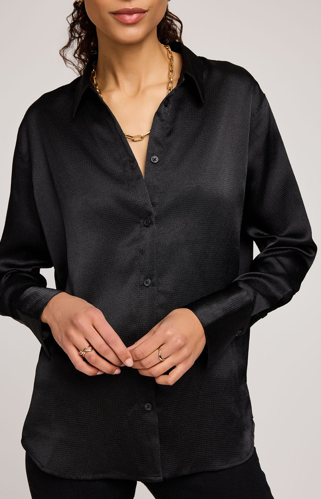 Simone Satin Button Down Shirt|Color:Black