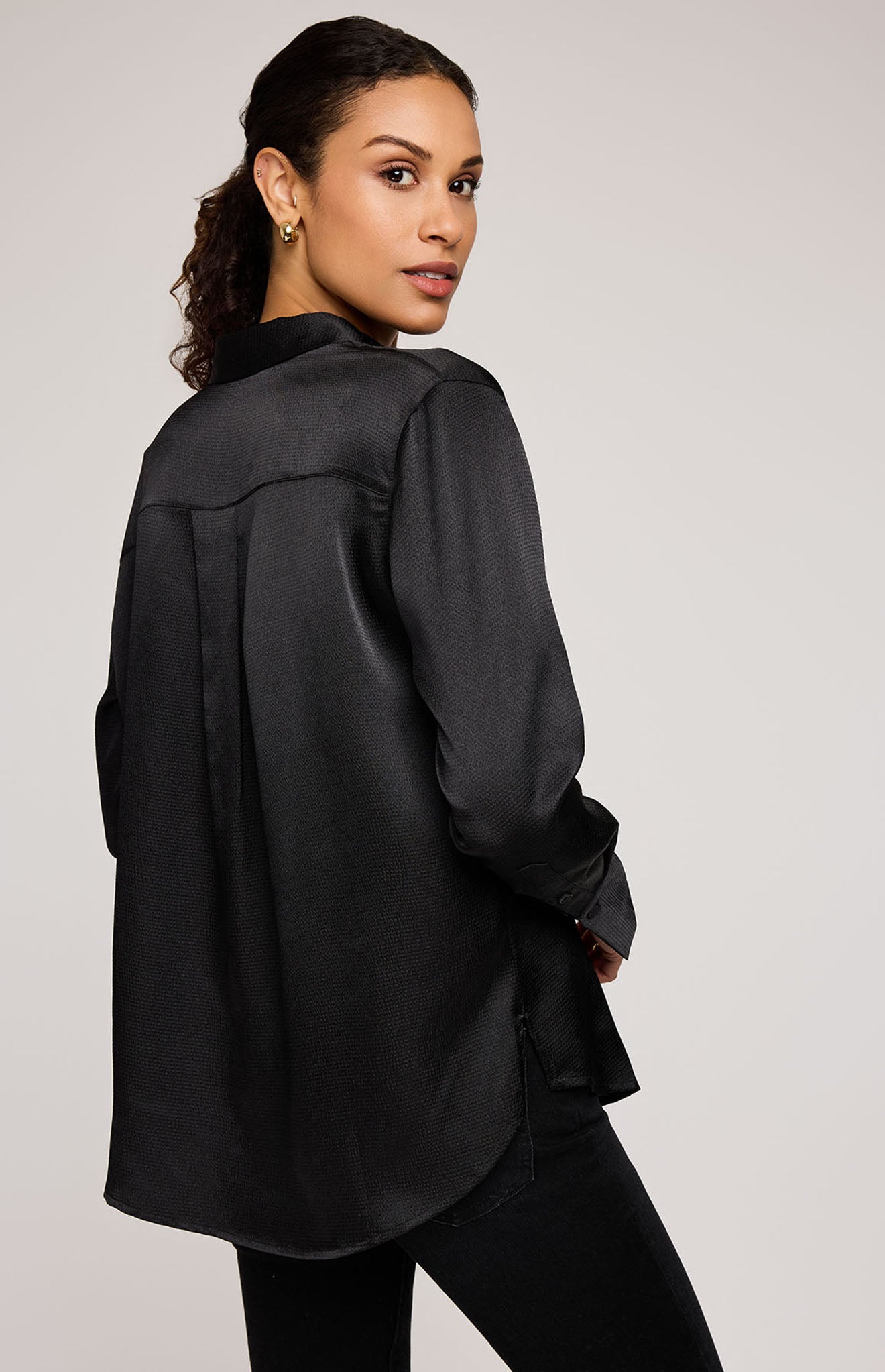 Simone Satin Button Down Shirt|Color:Black