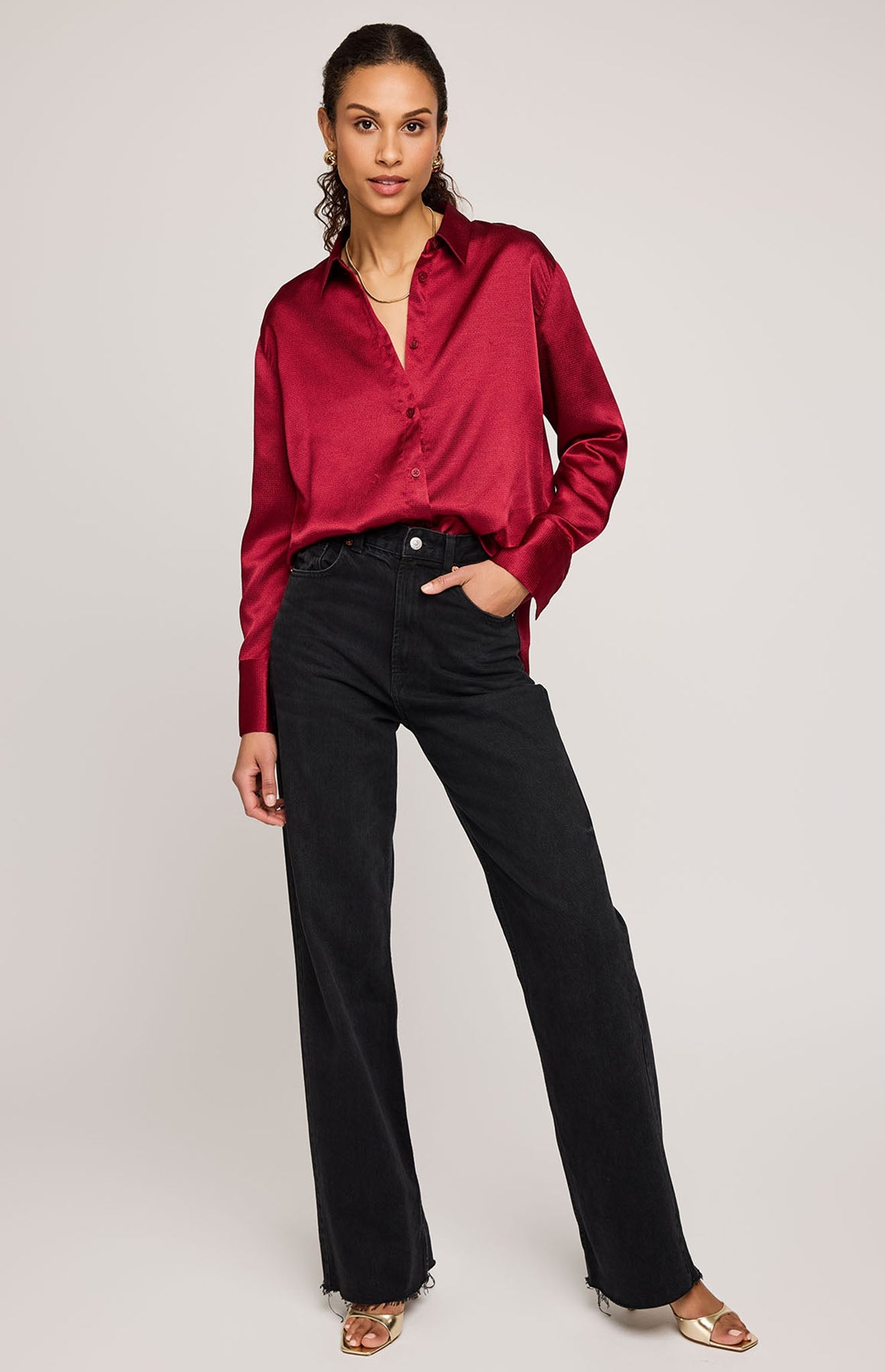 Simone Satin Button Down Shirt|Color:Crimson