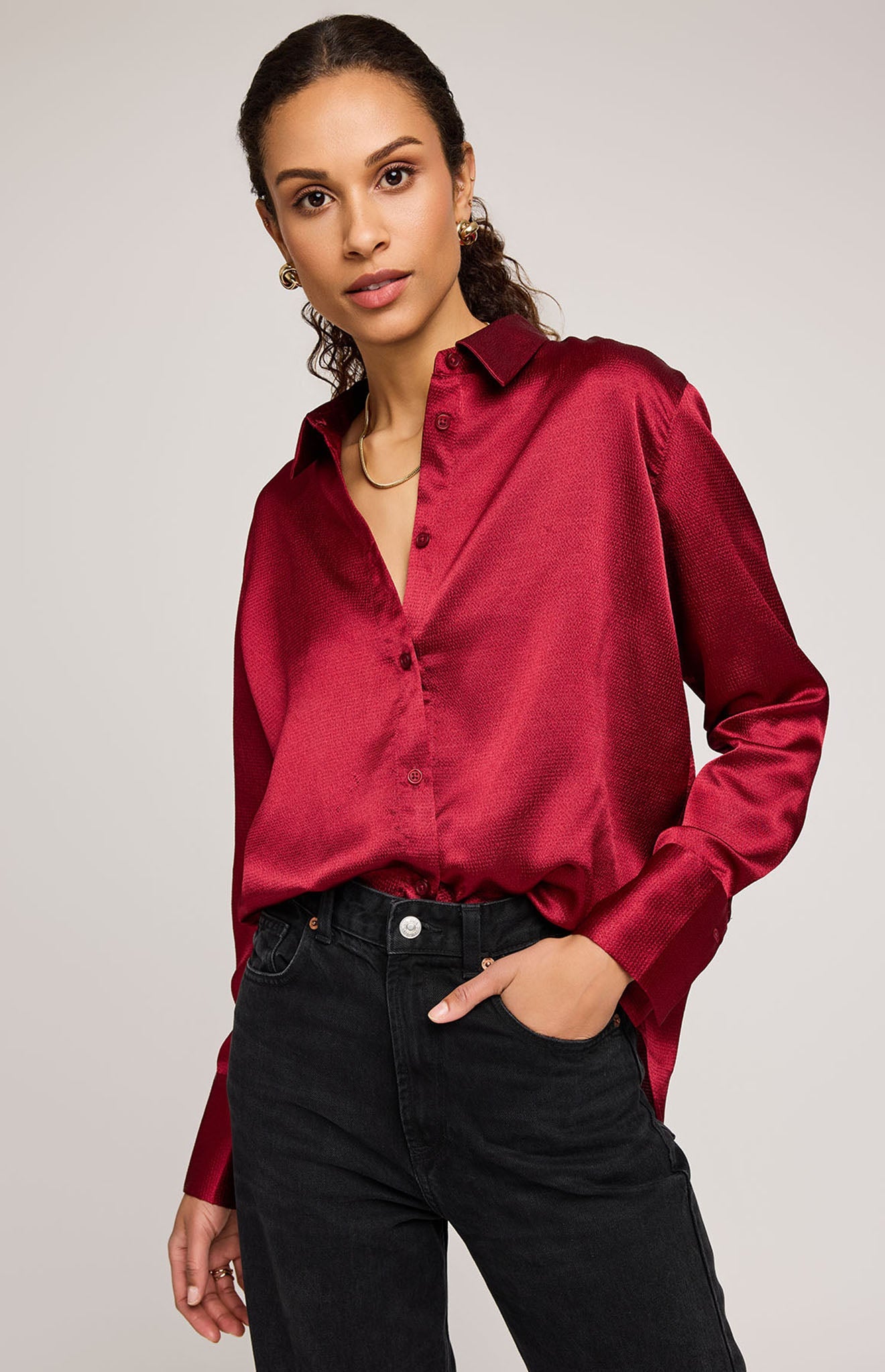 Simone Satin Button Down Shirt|Color:Crimson