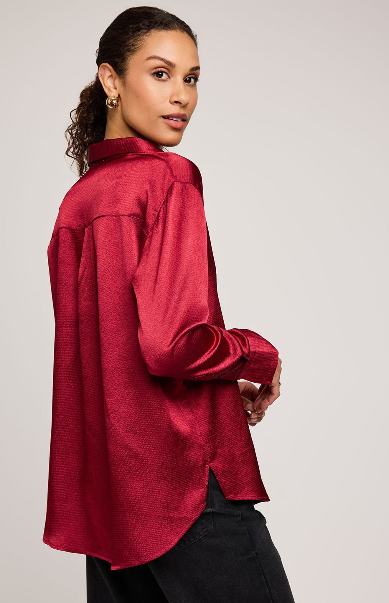 Simone Satin Button Down Shirt|Color:Crimson