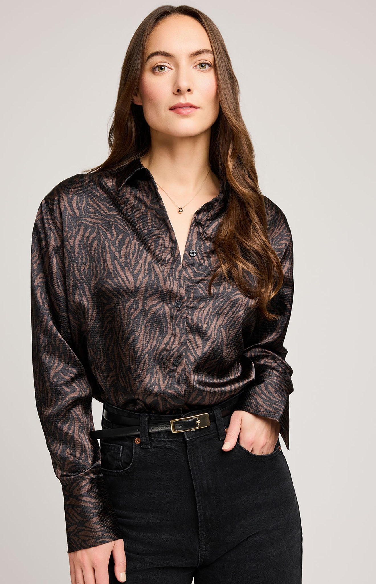 Simone Satin Button Down Shirt|Color:Java Print