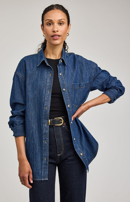 Whitney Denim Button Down Shirt|color:Dark Wash