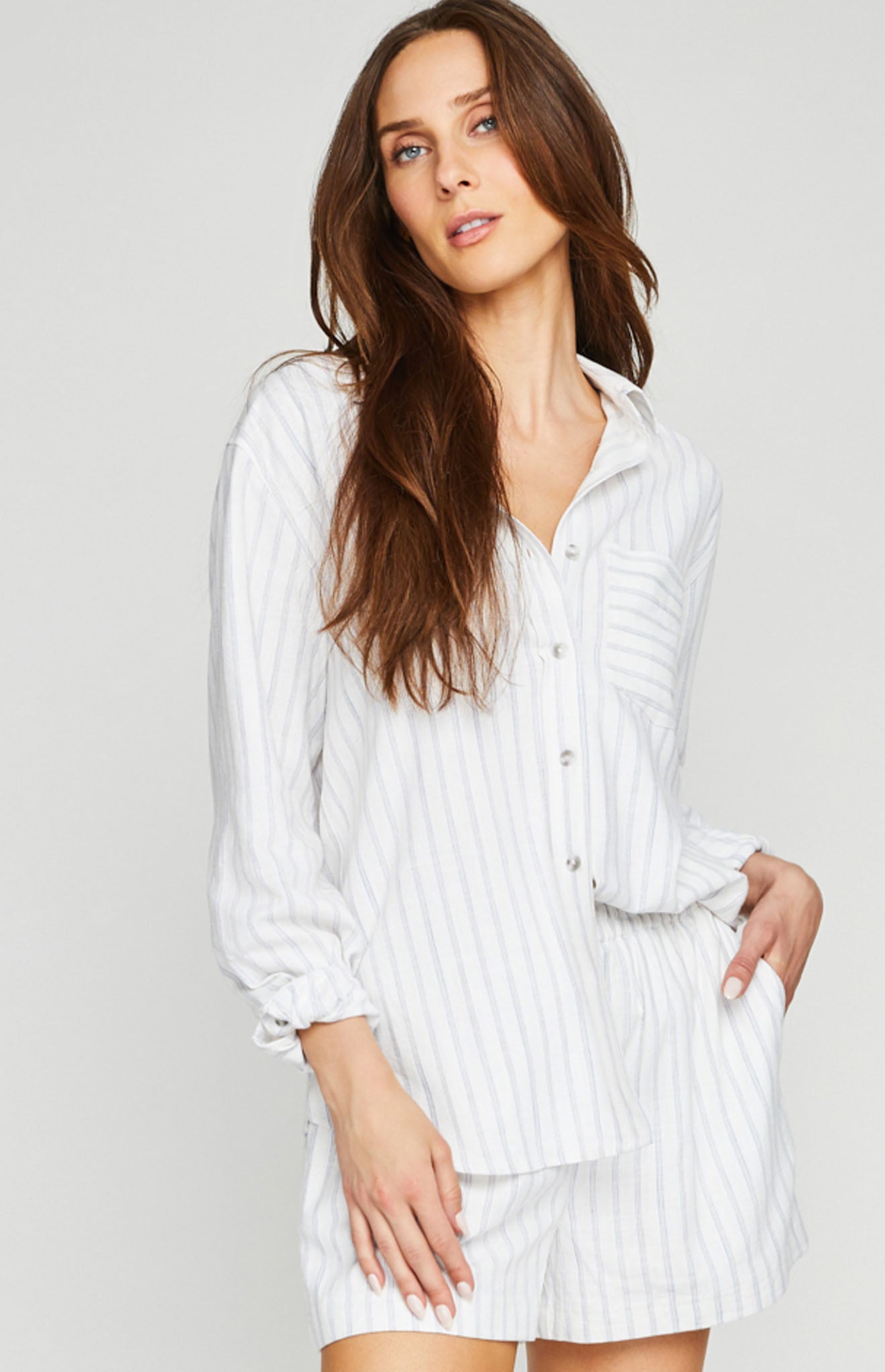 Portia Button Down Shirt|color:White Stripe