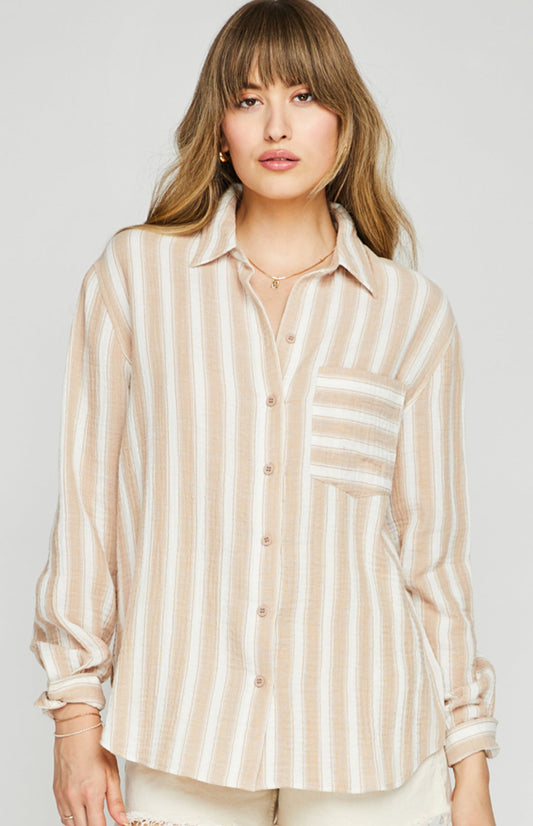 Sonia Button-Down Shirt|color:Sand Stripe