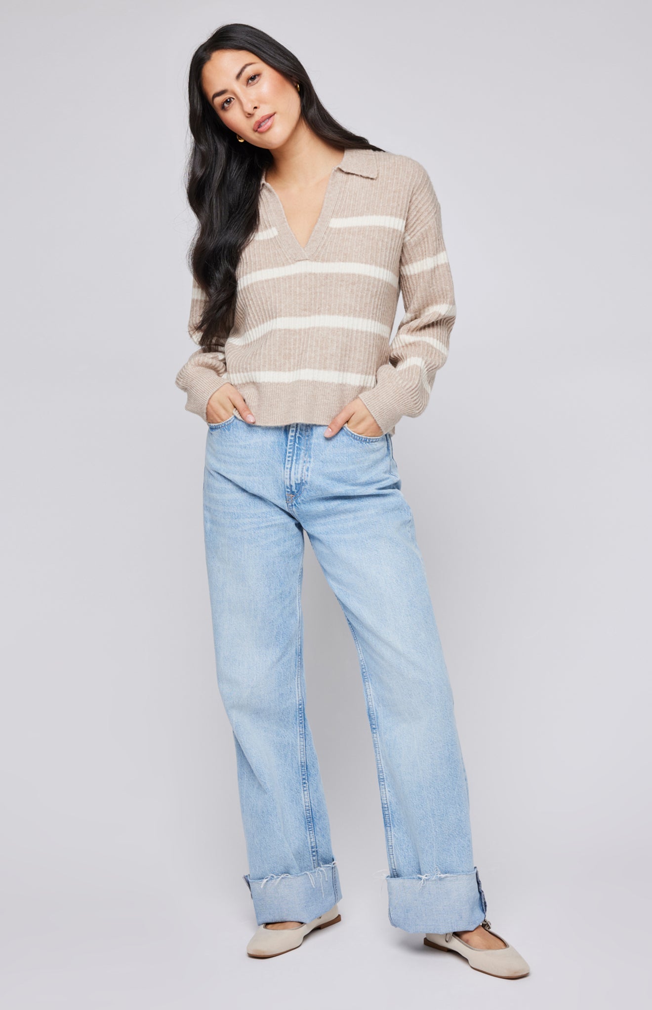 Beckett V-Neck Sweater|color:Oatmeal Stripe