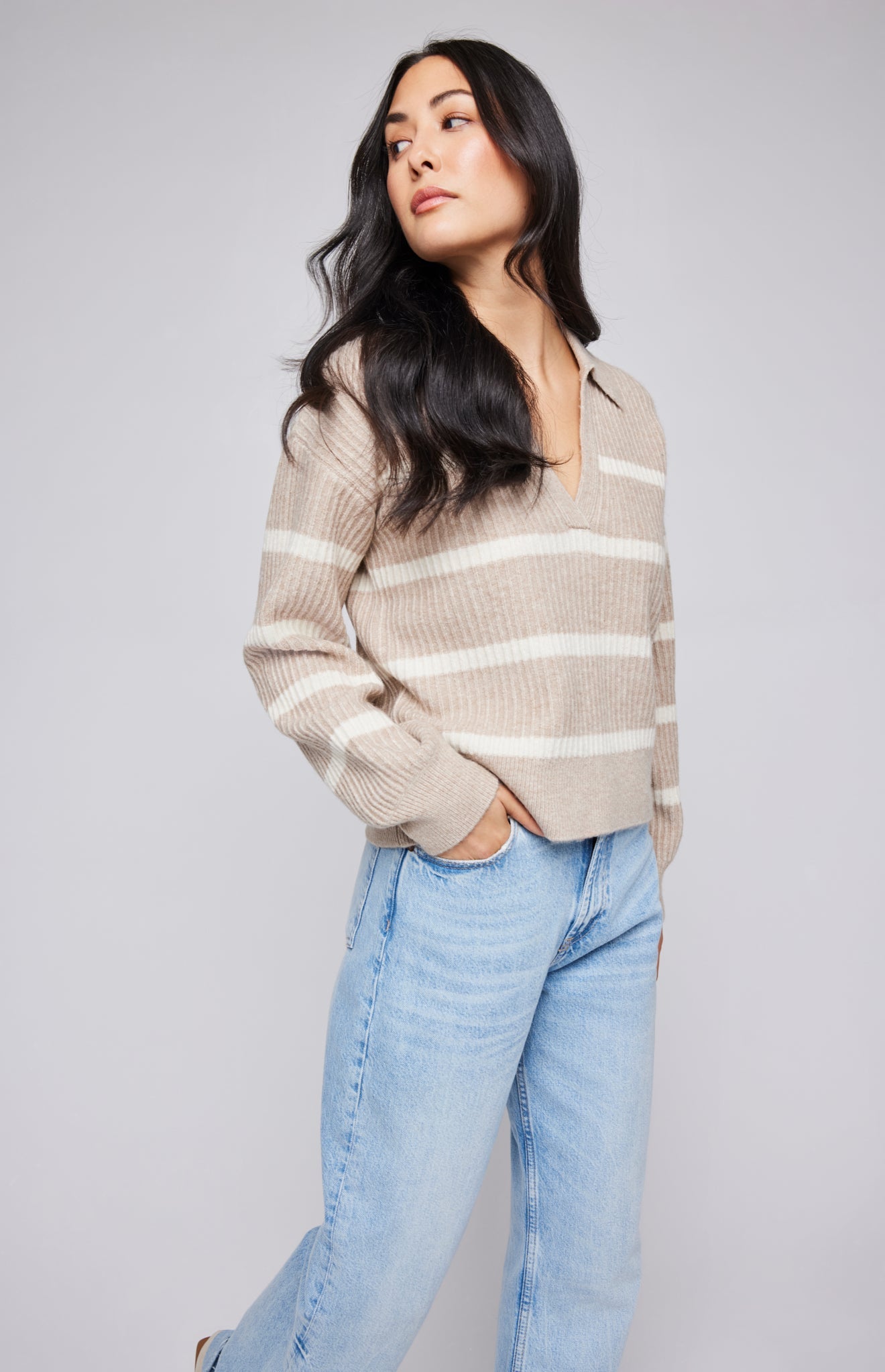 Beckett V-Neck Sweater|color:Oatmeal Stripe