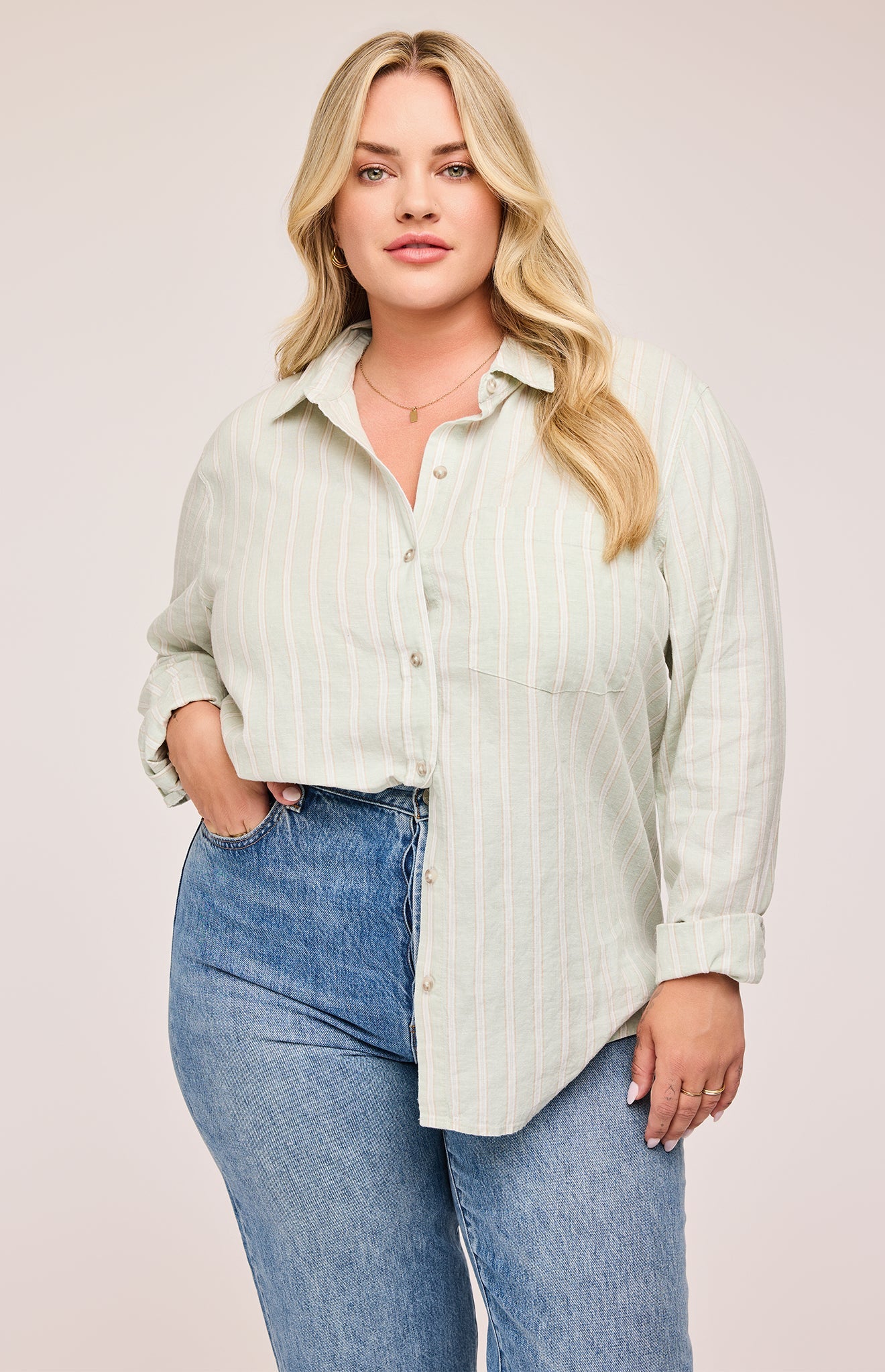 Dominique Button Down Shirt|color:Cactus Stripe