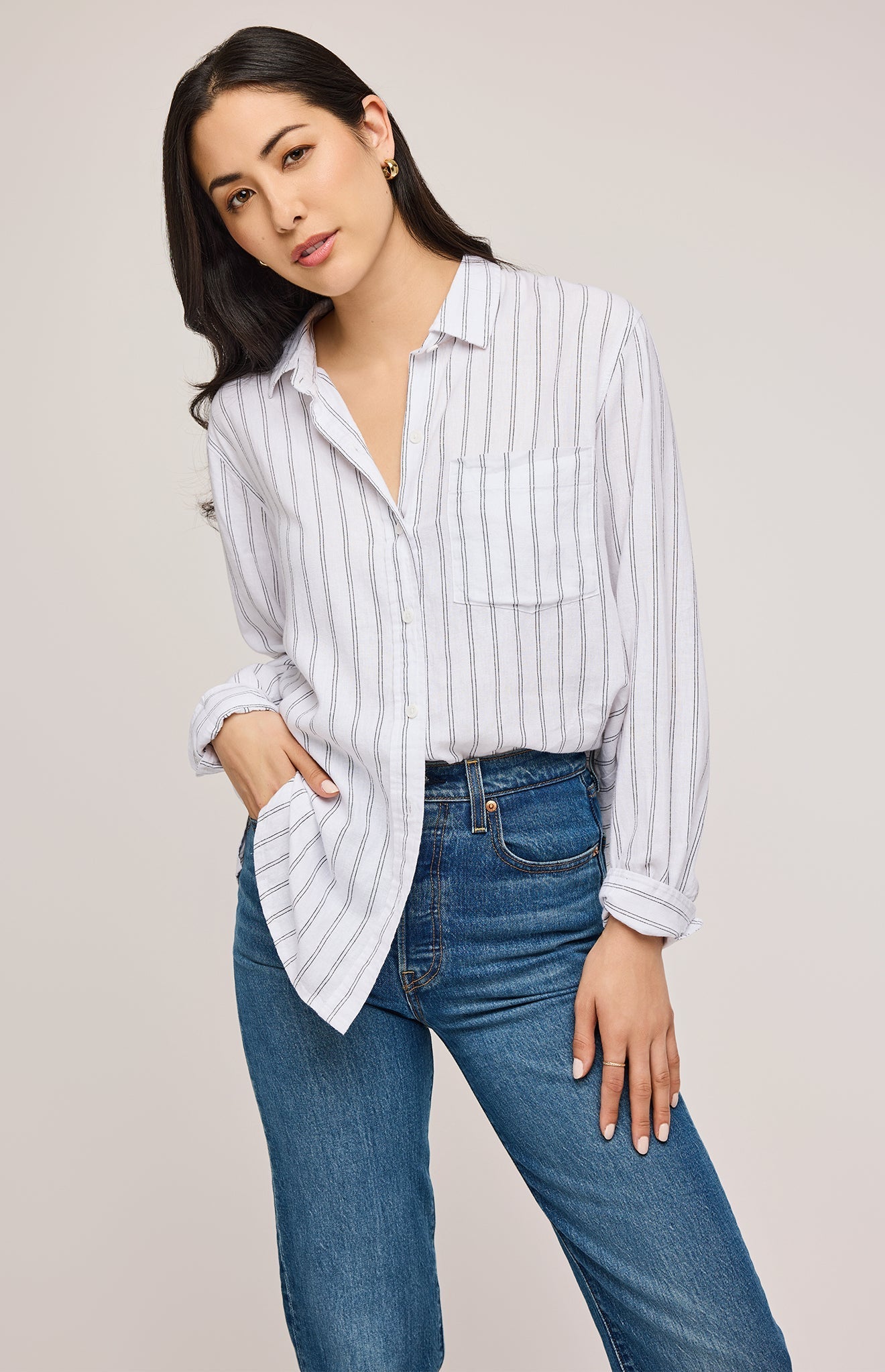 Dominique Button Down Shirt|color:White Stripe