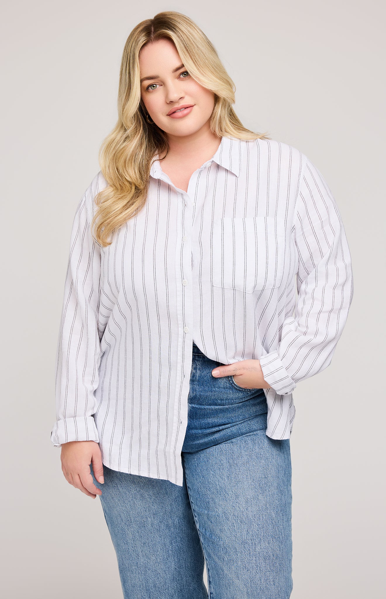 Dominique Button Down Shirt|color:White Stripe