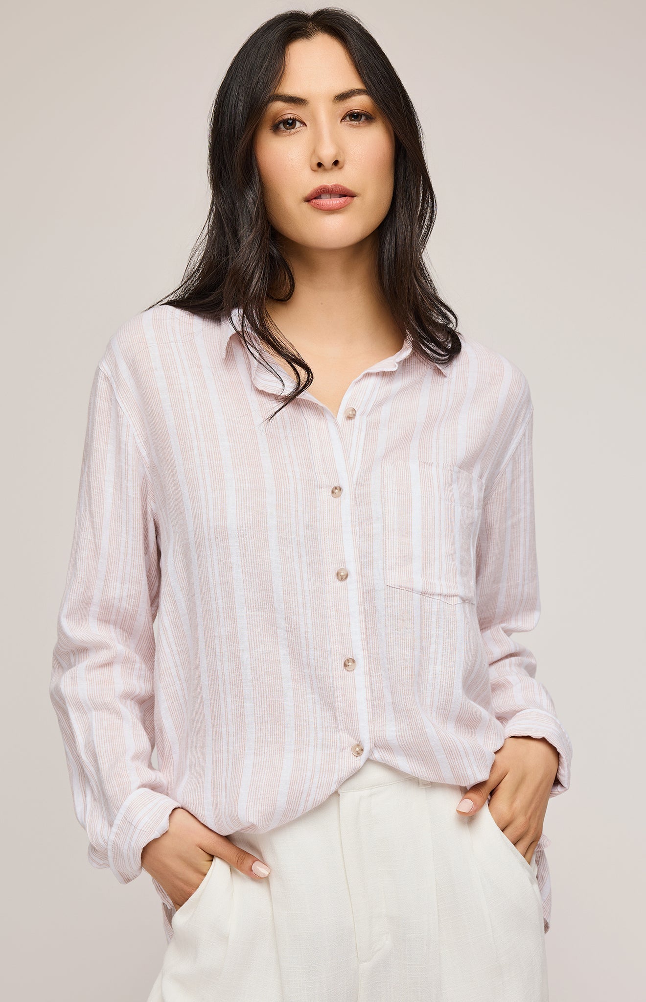 Luka Button Down Shirt|color:Tan Stripe