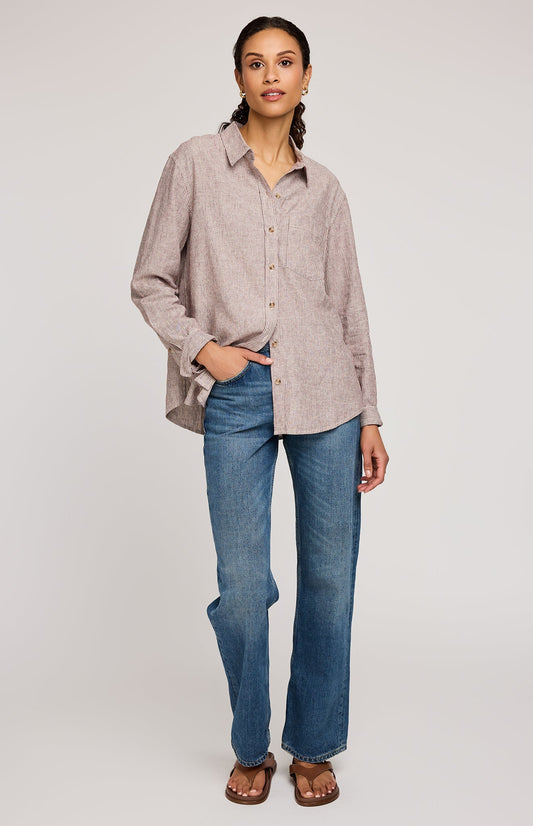 Arabella Striped Button Down Shirt|color:Merlot Stripe