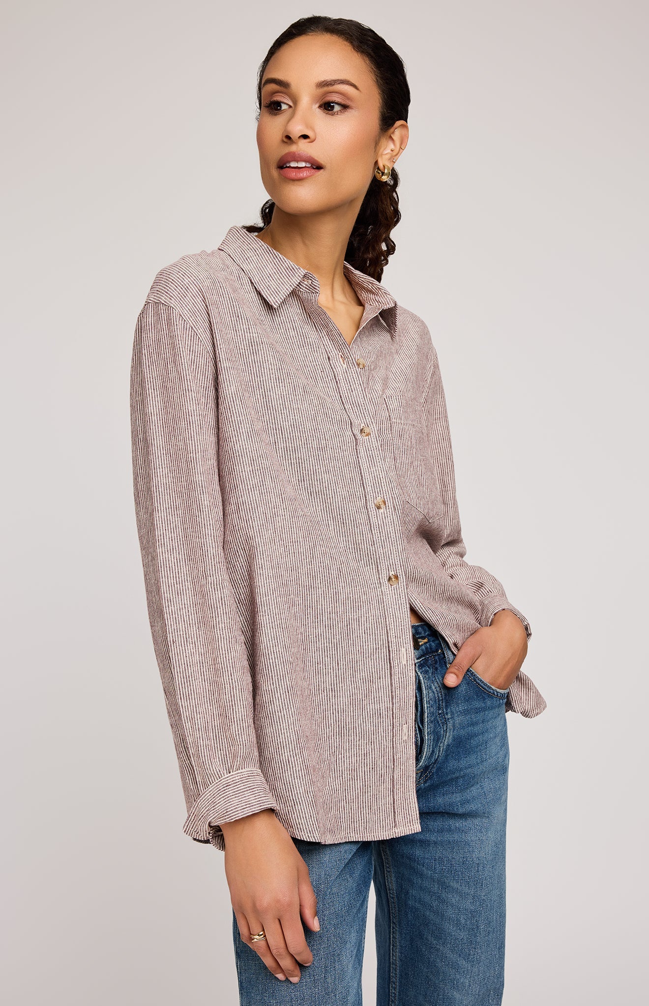 Arabella Striped Button Down Shirt|color:Merlot Stripe