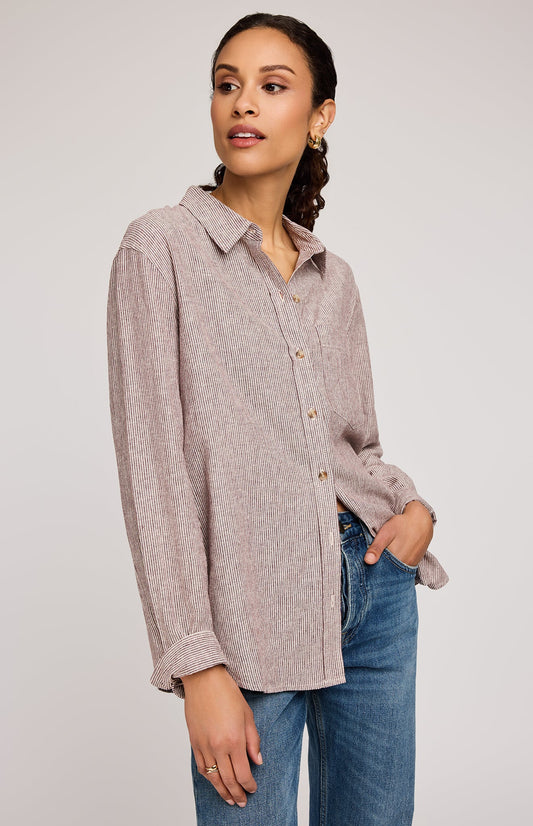 Arabella Striped Button Down Shirt|color:Merlot Stripe