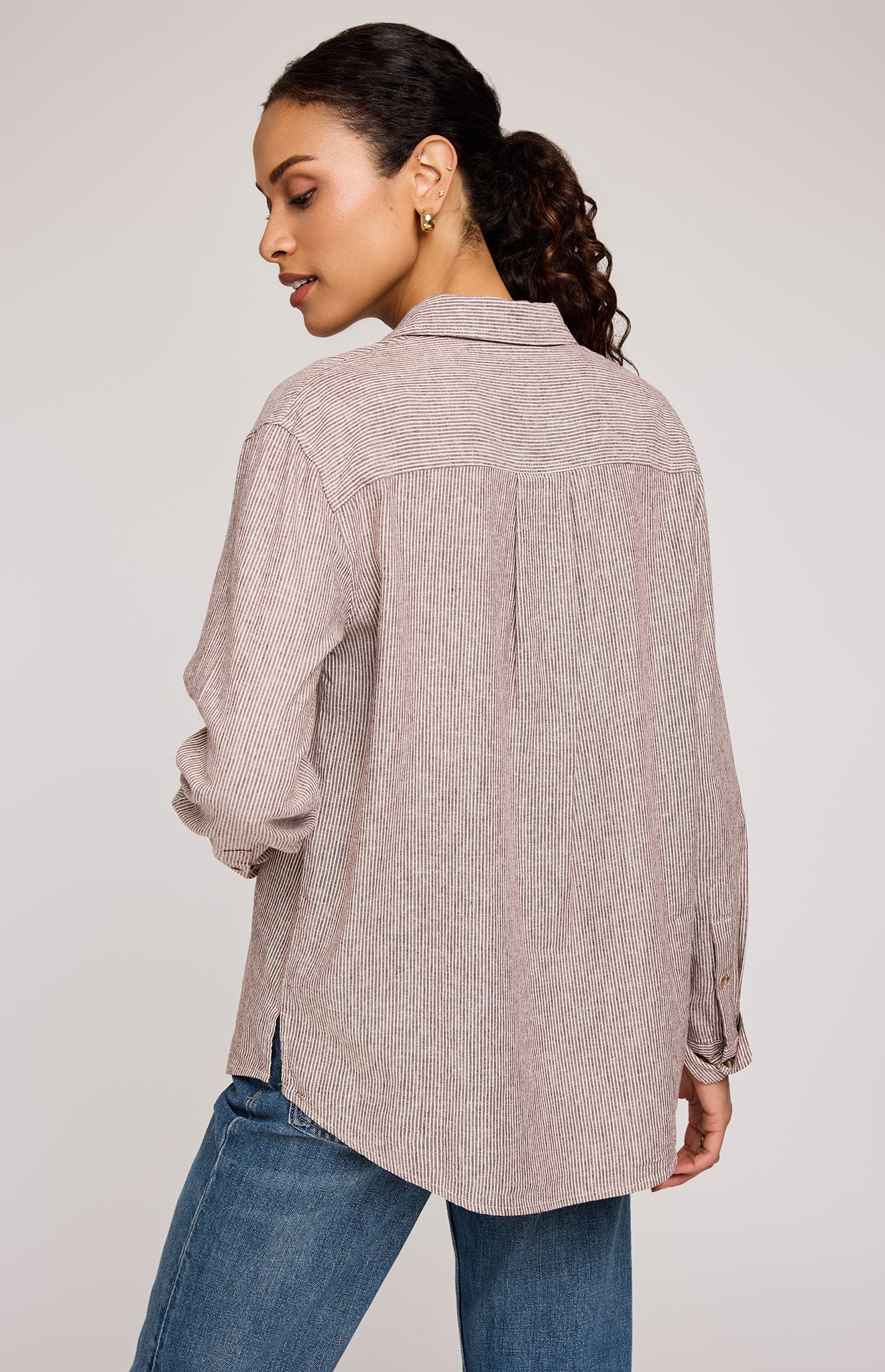 Arabella Striped Button Down Shirt|color:Merlot Stripe