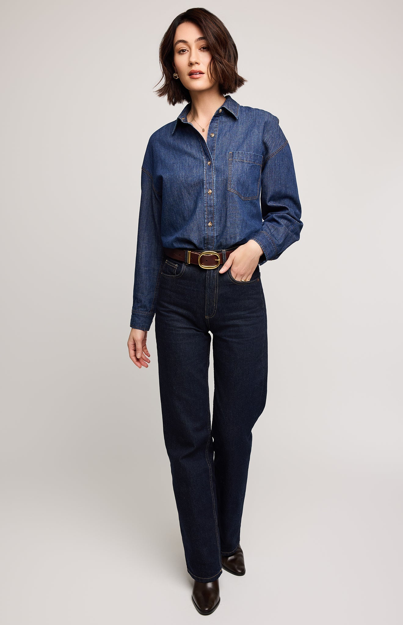 Whitney Denim Button Down Shirt|color:Dark Wash
