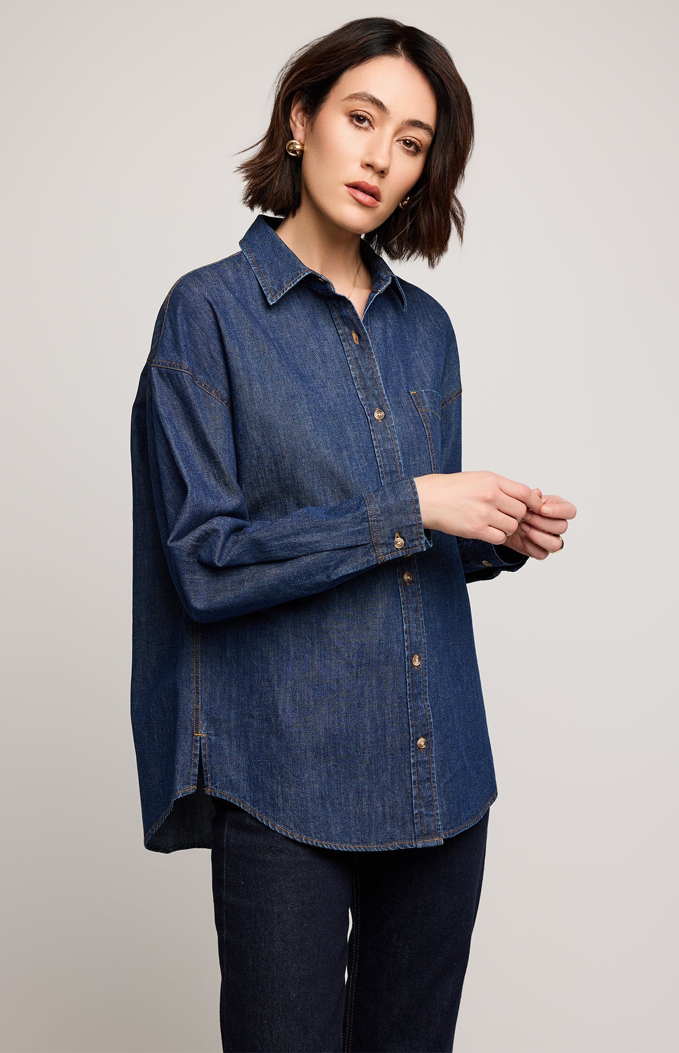 Whitney Denim Button Down Shirt|color:Dark Wash