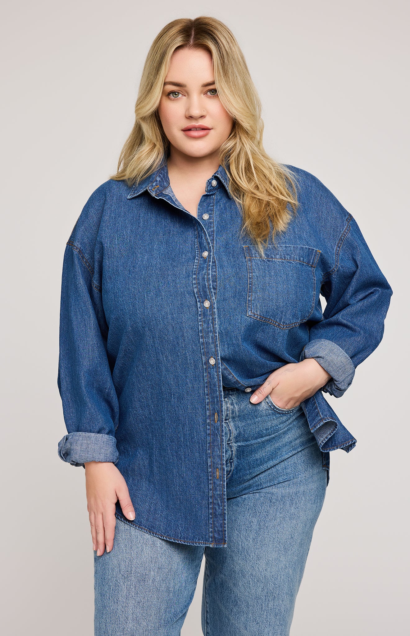 Whitney Denim Button Down Shirt|color:Medium Wash