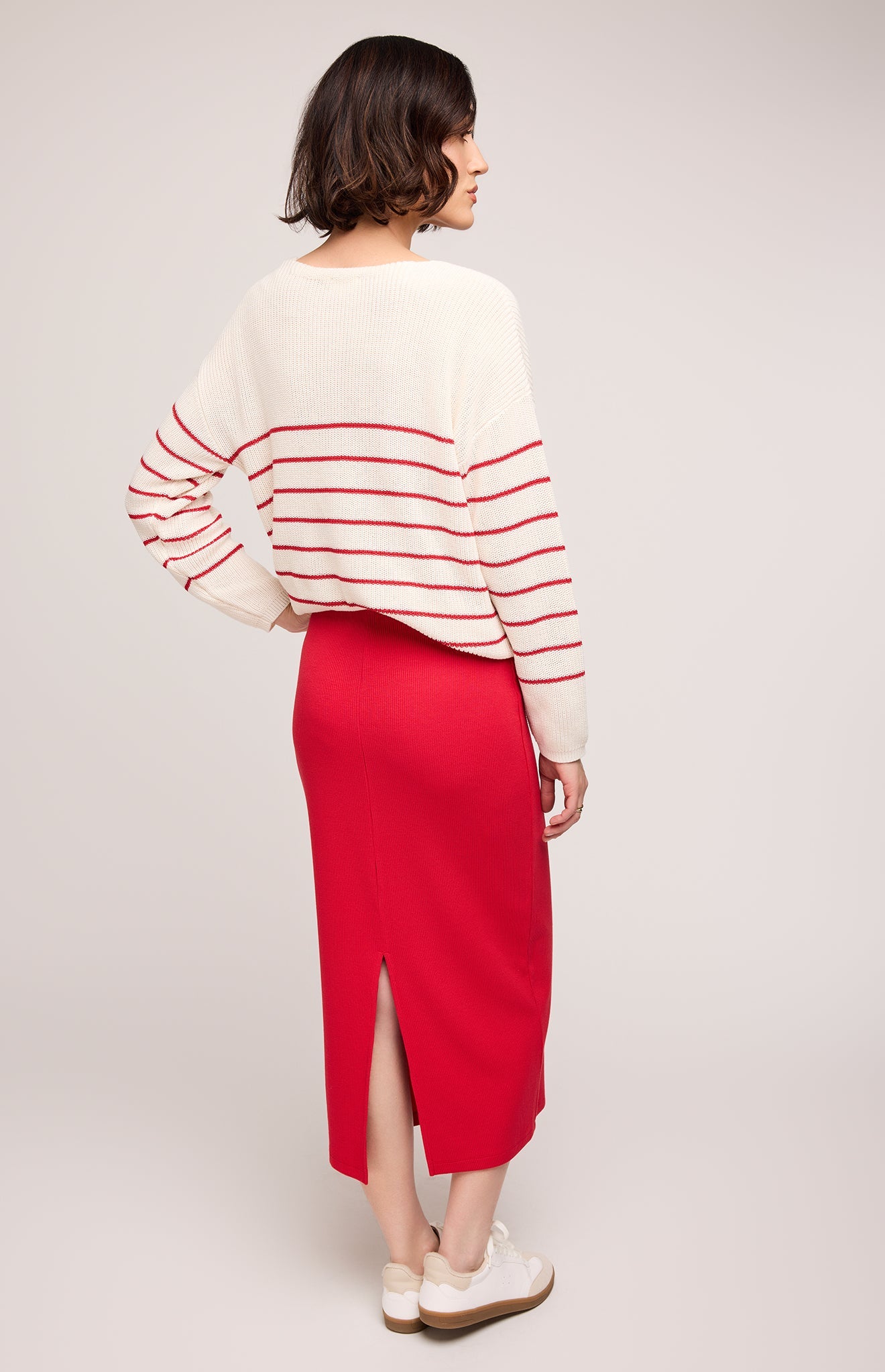 Catalina Ribbed Midi Skirt|color:Red