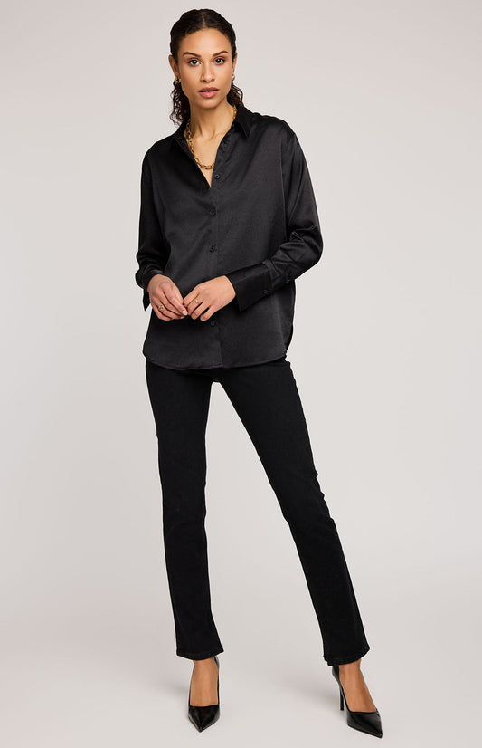 Simone Satin Button Down Shirt|Color:Black