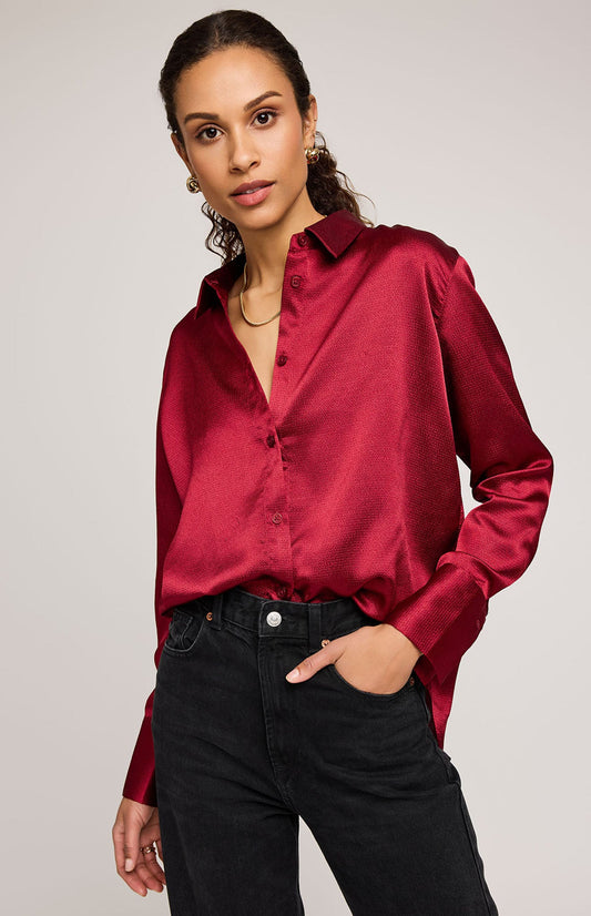 Simone Satin Button Down Shirt|Color:Crimson