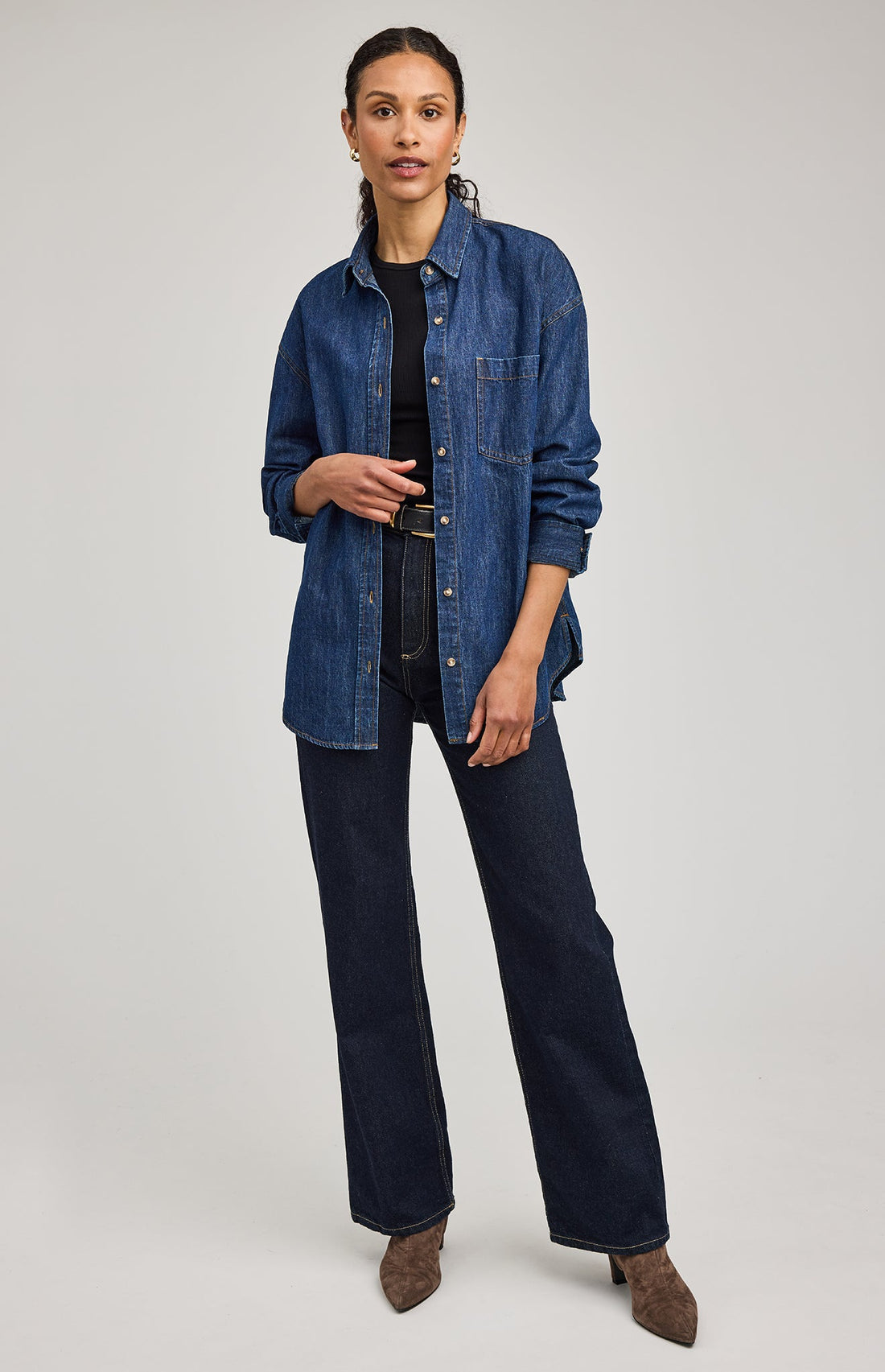 Whitney Denim Button Down Shirt|color:Dark Wash