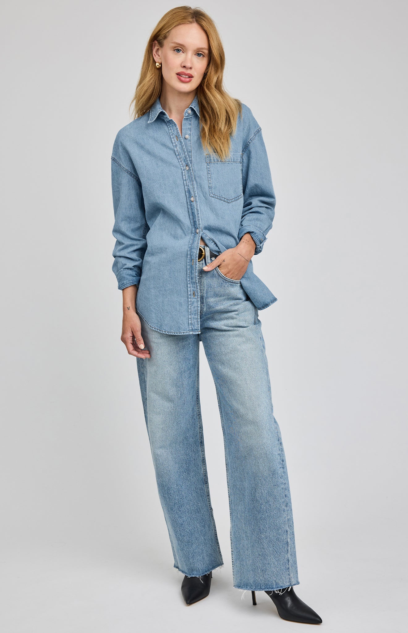 Whitney Denim Button Down Shirt|color:Light Wash