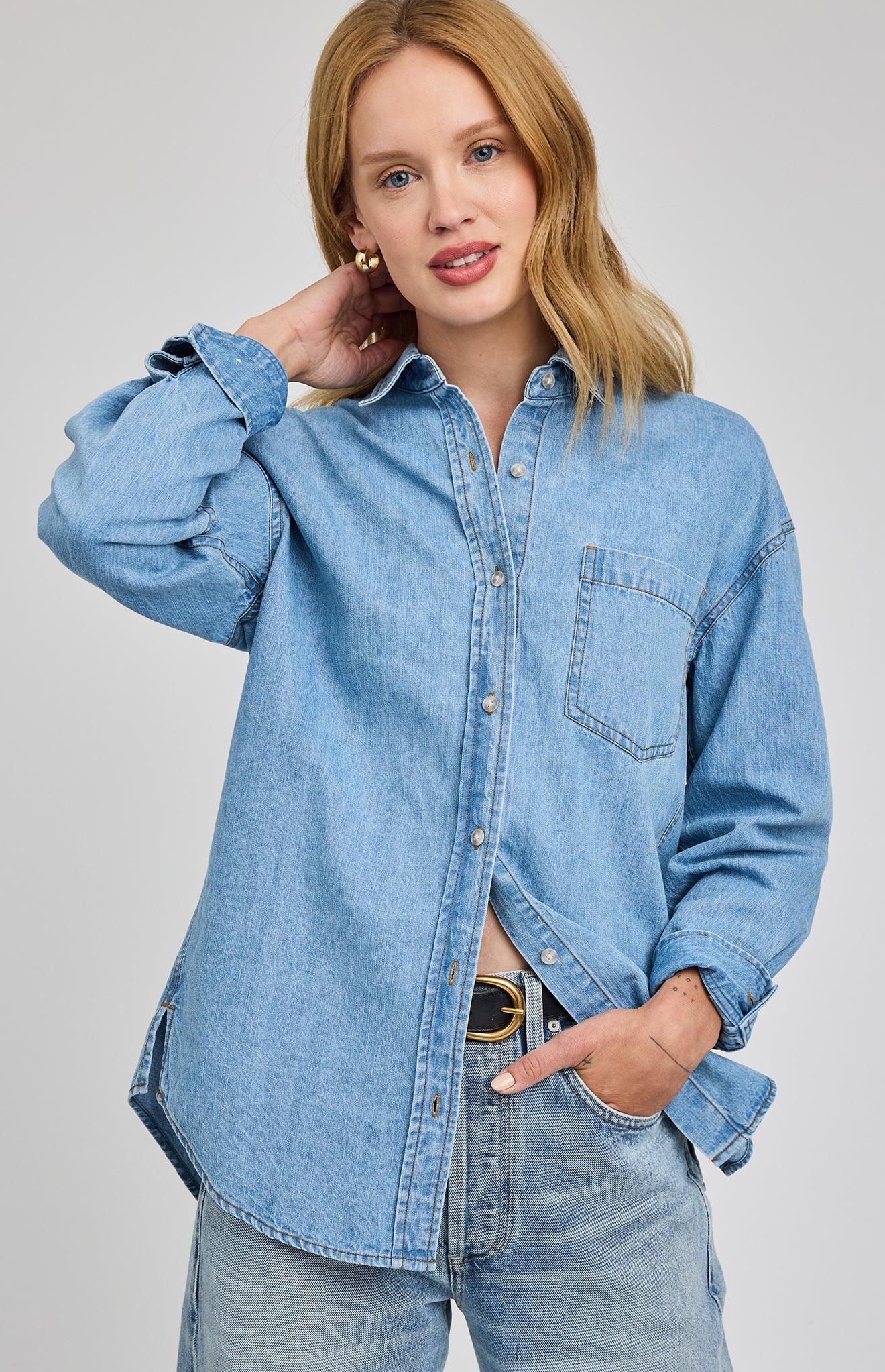 Whitney Denim Button Down Shirt|color:Light Wash