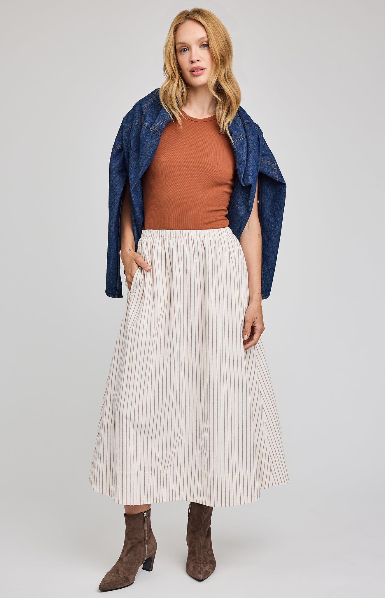 Wilhelmina Midi Skirt|color:Cream Stripe