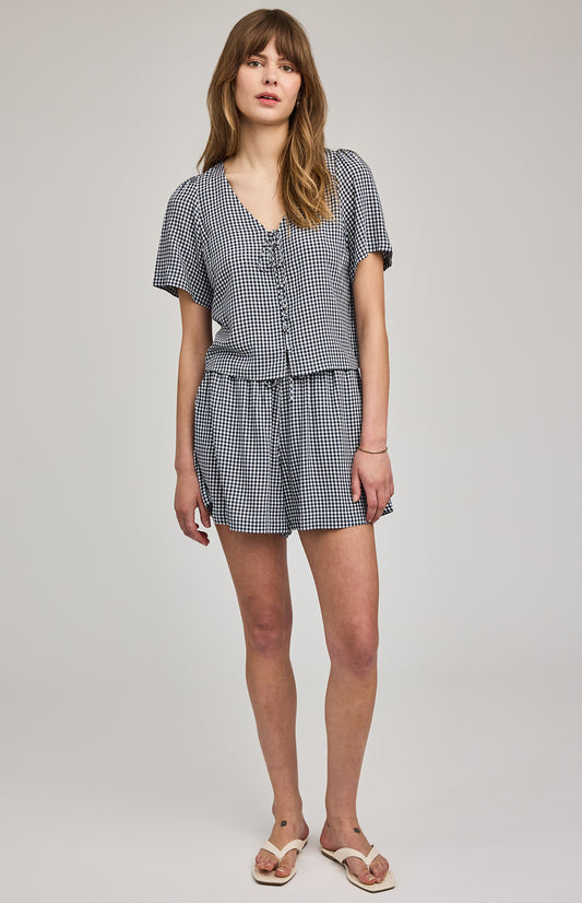 Becca Short Sleeve Blouse|color:Navy Gingham