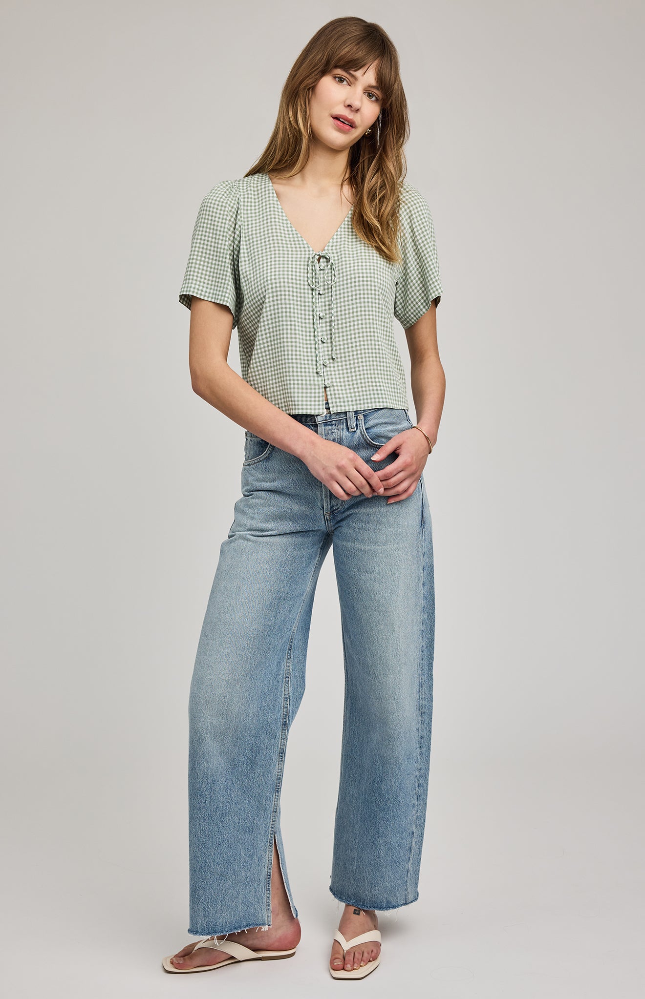 Becca Short Sleeve Blouse|color:Pistachio Gingham