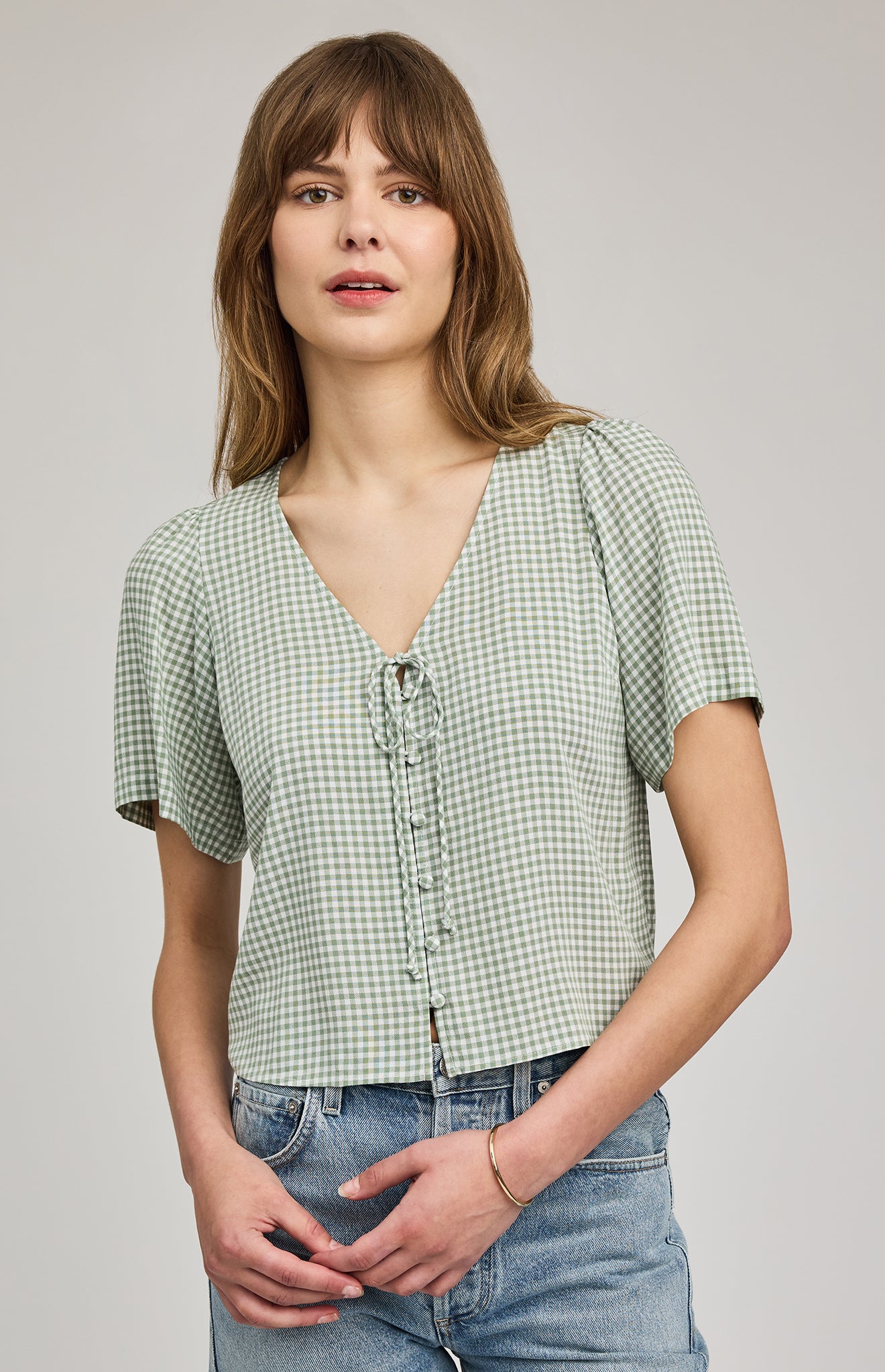Becca Short Sleeve Blouse|color:Pistachio Gingham