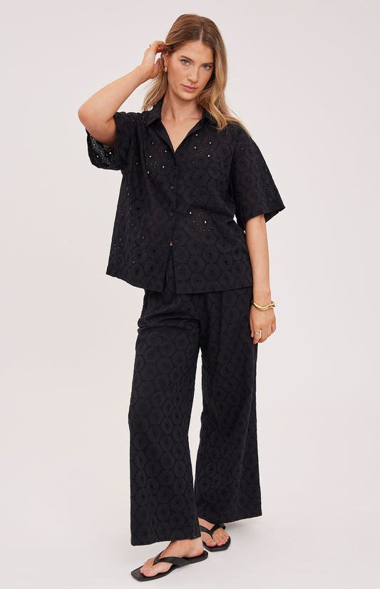 Louisa Eyelet Button Down Shirt|color:Black