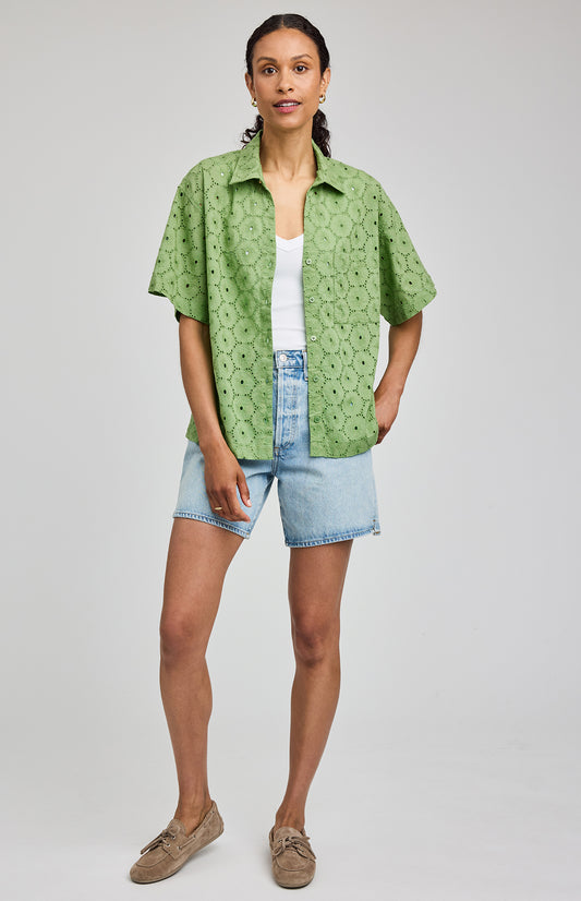 Louisa Eyelet Button Down Shirt|color:Jade