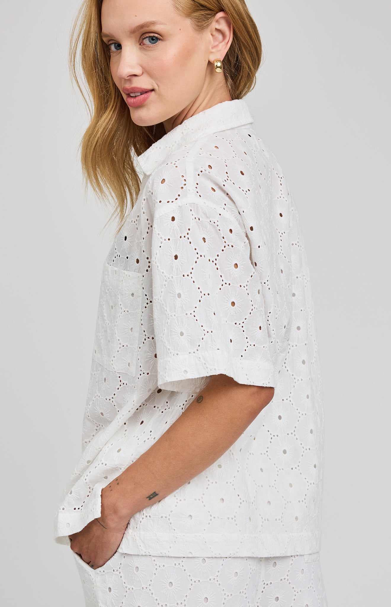 Louisa Eyelet Button Down Shirt|color:White